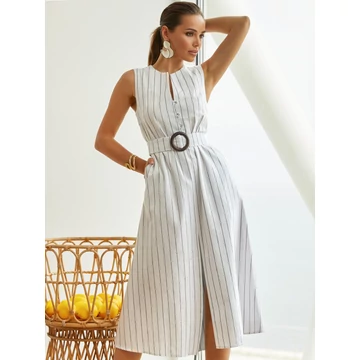 Amelisse - csíkos nyári len ruha - fehér