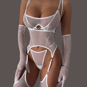 Moravisse - erotikus hálós ruha harisnyatartóval - fehér