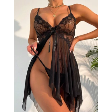 Polly - sexy hálóing + tanga fekete