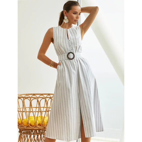 Amelisse - csíkos nyári len ruha - fehér
