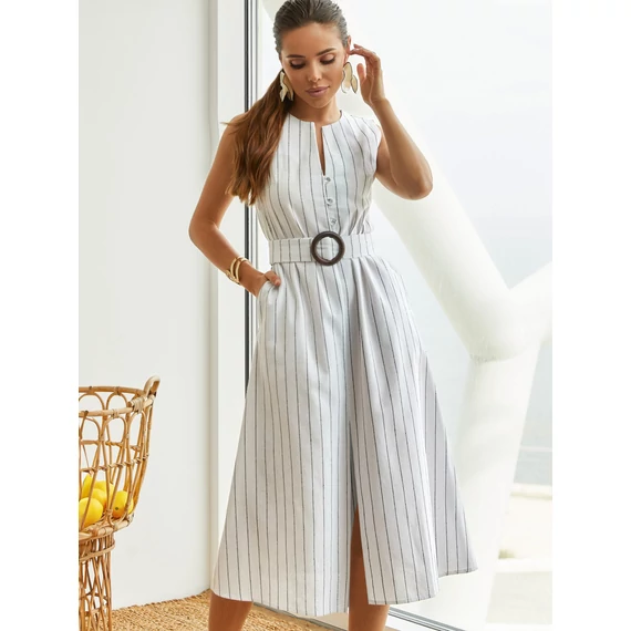 Amelisse - csíkos nyári len ruha - fehér
