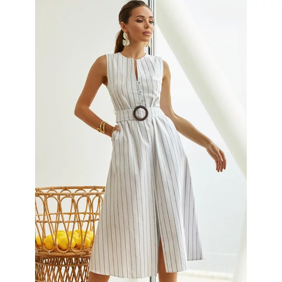 Amelisse - csíkos nyári len ruha - fehér