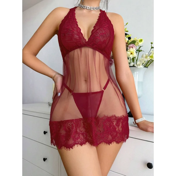 Avenna – szexi áttetsző hálóing + tanga (babydoll ruha) – bordó