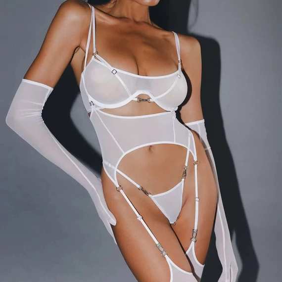 Moravisse - erotikus hálós ruha harisnyatartóval - fehér