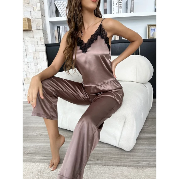 Elavine – szatén 2 részes pizsama - kávébarna